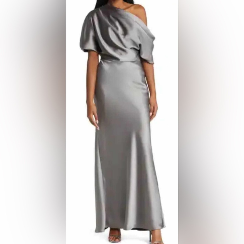 Amsale Silver One-Shoulder Satin Maxi Dress
